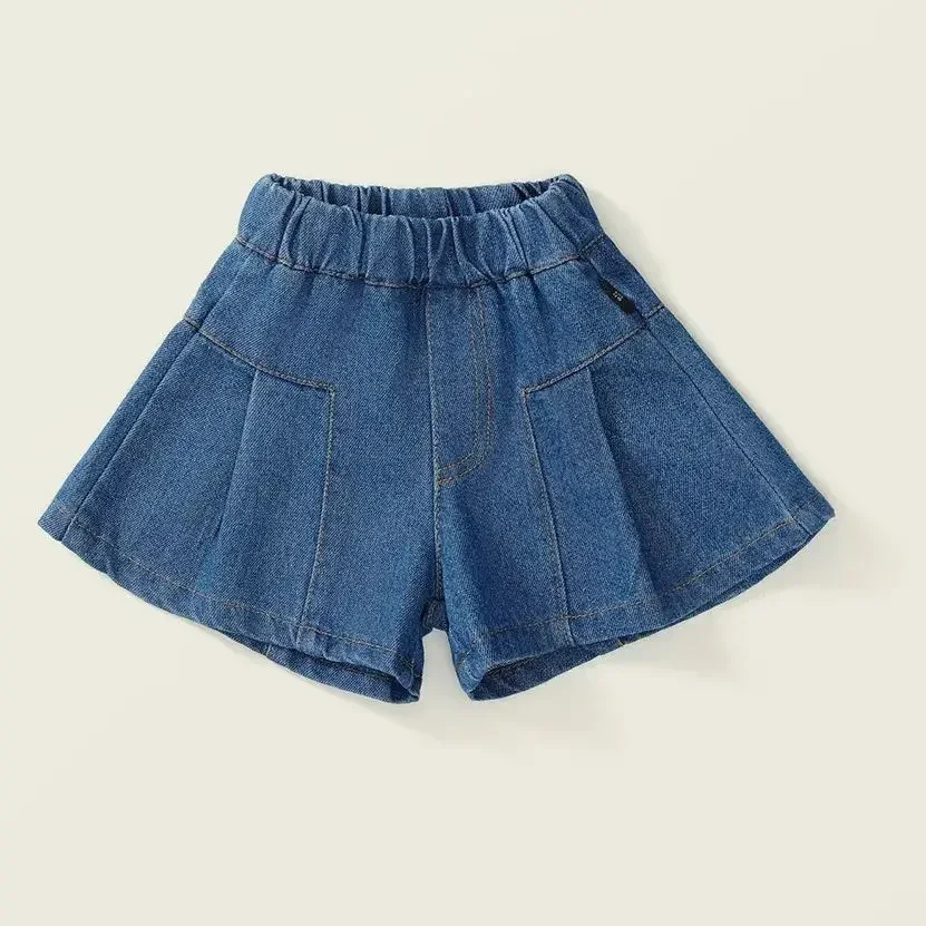 Girls' Denim Shorts New Summer 2024 Children'S Clothing  Girls' Korean Version Loose Hot Pants Pleated Simulation Skirt Shorts