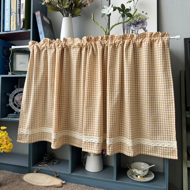 Plaid Lace Trim Kitchen Short Curtains Rod Pocket Window Valance Farmhouse Cafe Curtain for Cabinet Sink Bedroom Home Decor image 3