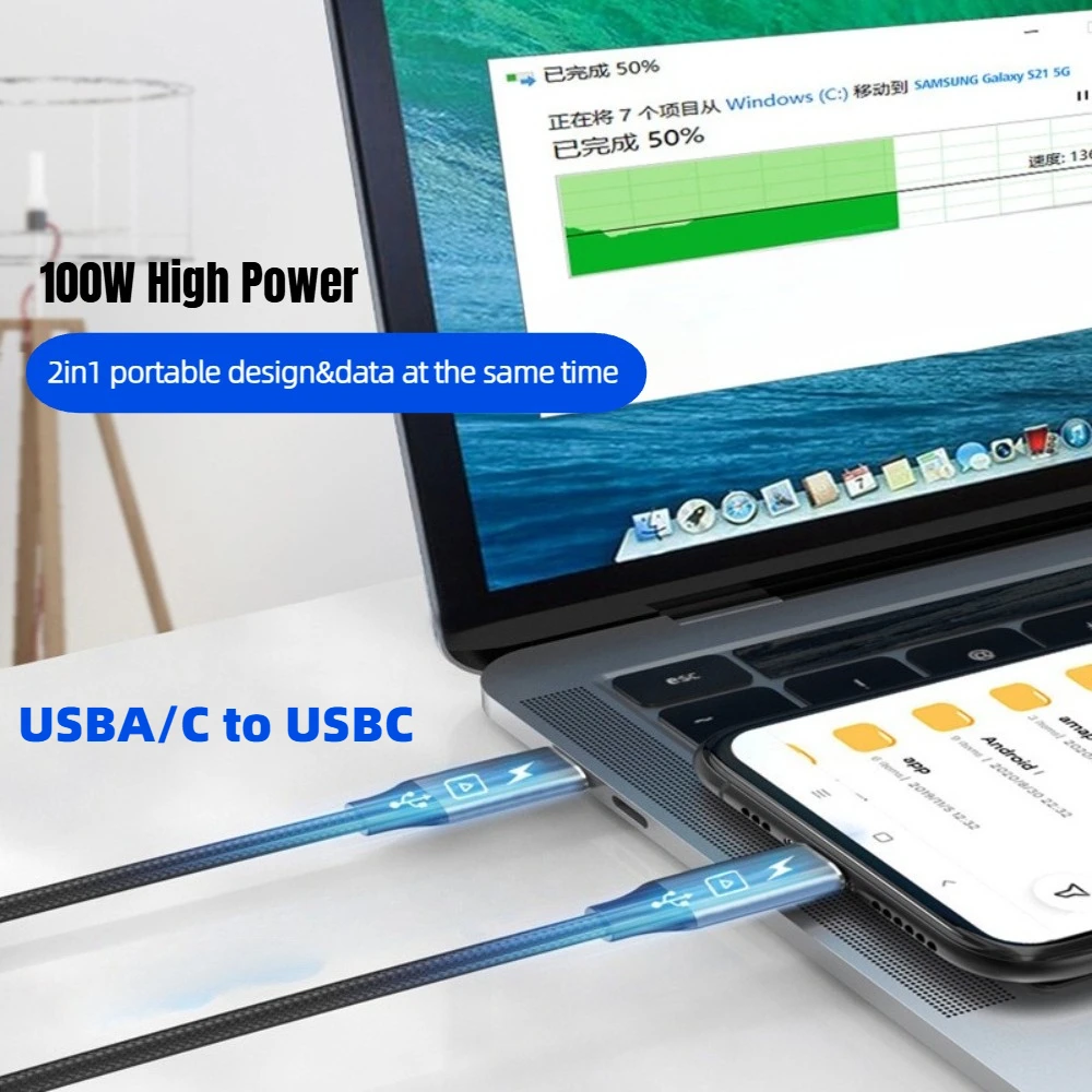 2 in 1 USB3.2 10/20Gbps USB C To Type-C Data Cable 2in1 PD100W 5A Fast Charger Cord 4K@60Hz HD Video for Samsung S24 S25 Taptop