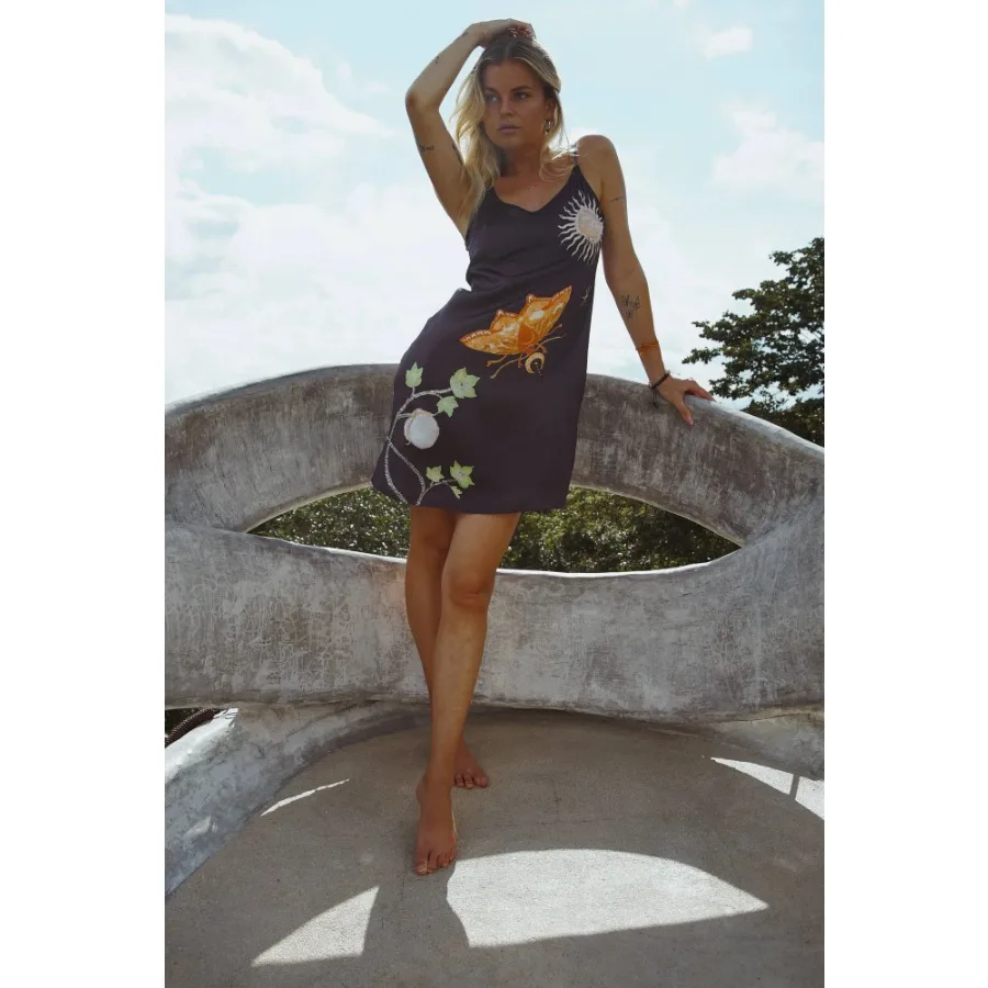 

Vela Silk Slip Dress in Black Jungle Butterfly