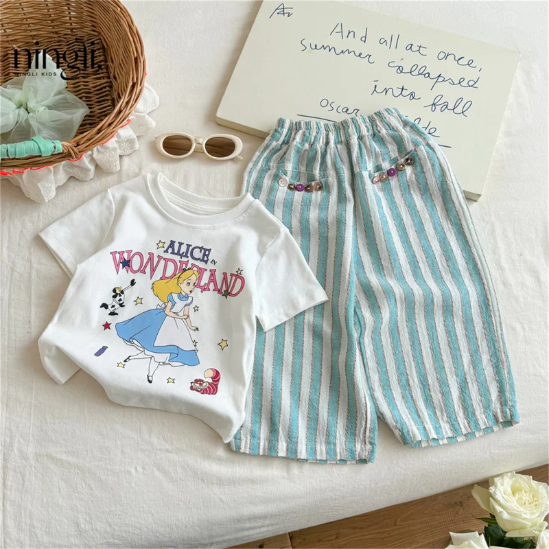 

Summer New2025Girls' Cartoon Print Sweet Short SleeveTTrendy Children's Shirt Set