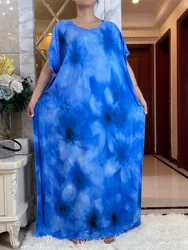 2023 Zomer Feestjurk Korte Mouw Met Grote Sjaal Tie Dye Katoenen Stof Losse Boubou Maxi Islam Vrouwen Afrikaanse Abaya Kleding