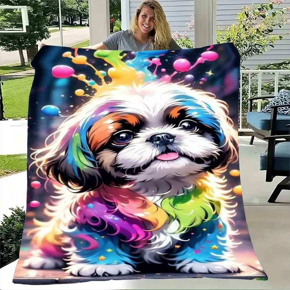 Cobertor de pelúcia shih tzu de pele de arco-íris vibrante – lance estilo desenho animado super macio, capa fofa e aconchegante para decoração de casa – presente perfeito para