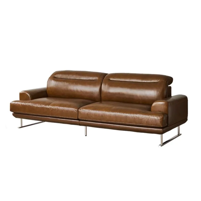 

#French Modern Style Waxed Full Grain Leather Sectional Sofa Luxury Goose Down Filled Living Room Couch 2/3 Seater Customizable