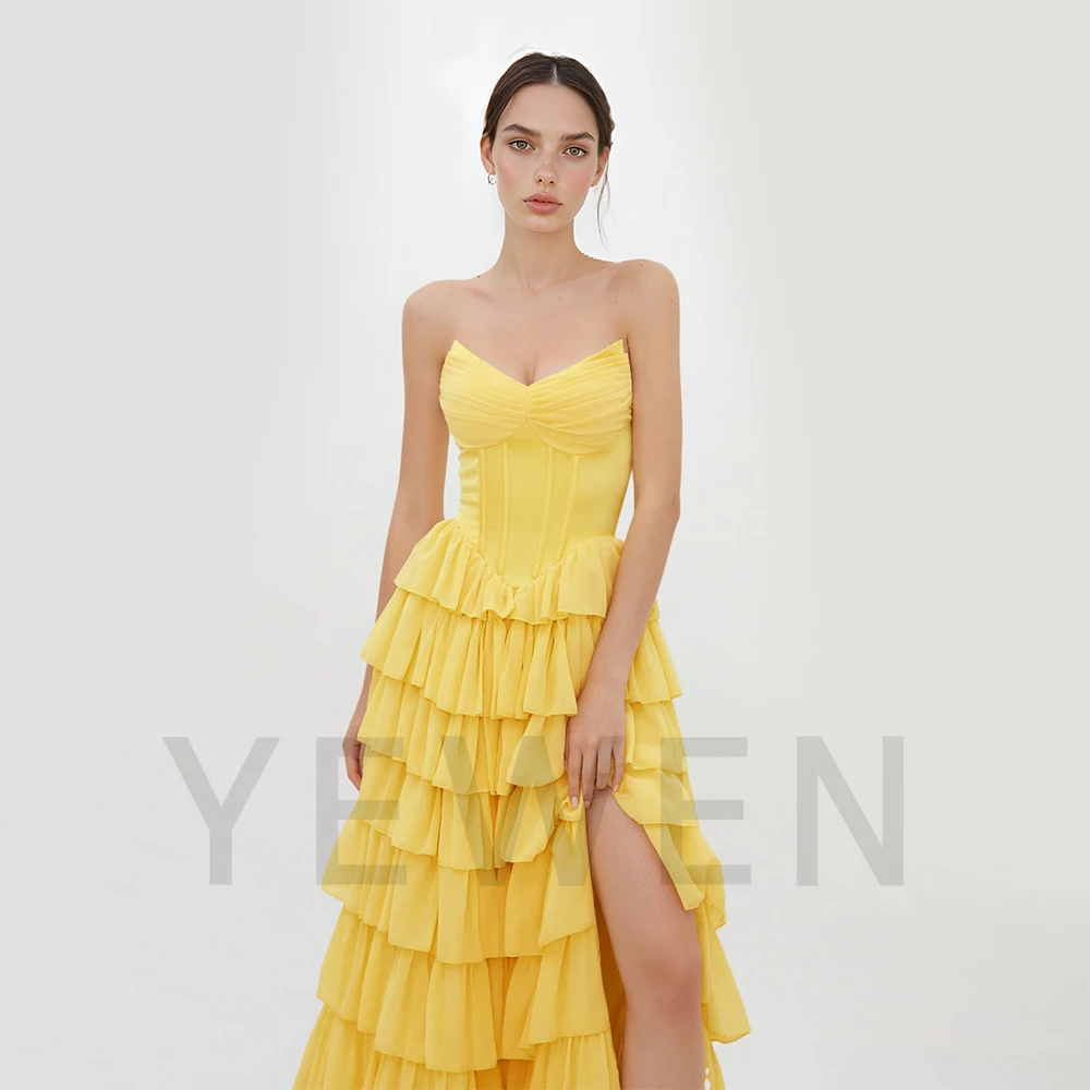 Een lijn gelaagde galajurk V-hals avondjurk formele feestjurk met zijsplit