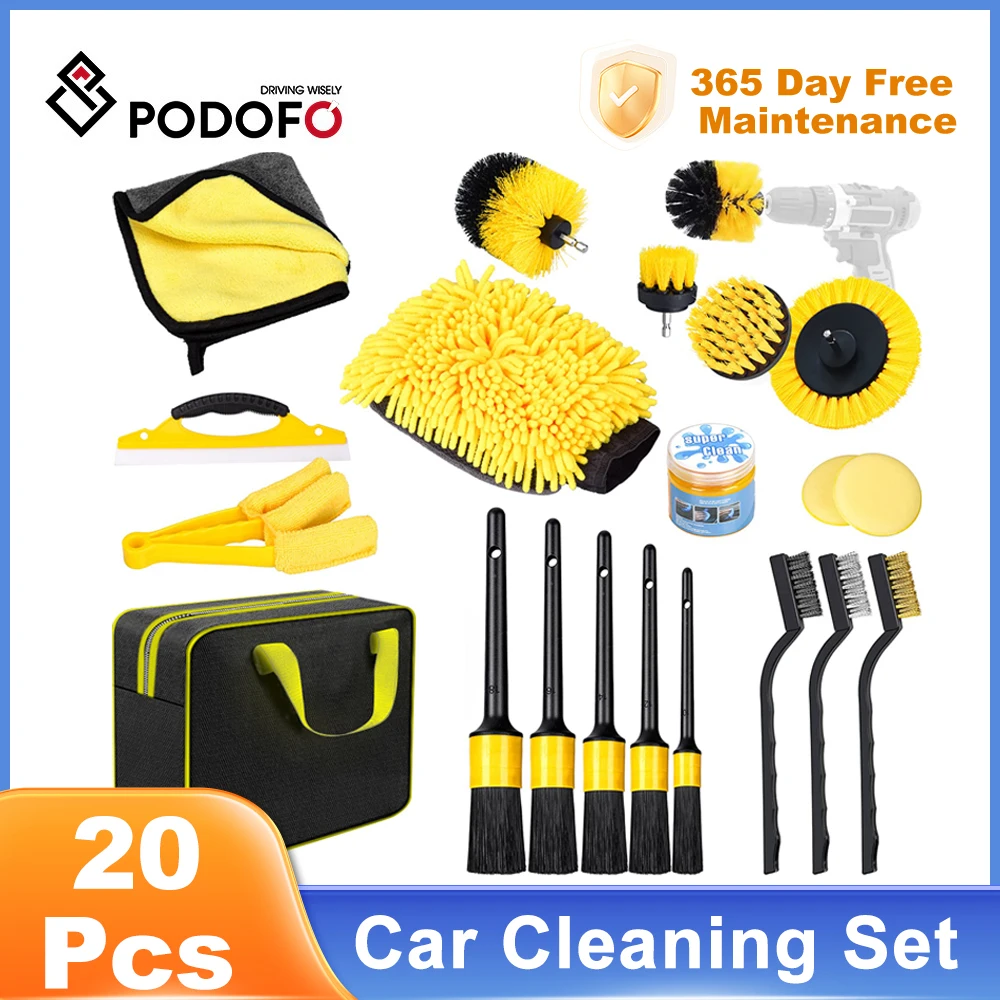 Podofo 20Pcs Detail Brush Car Cleaning Brush Set For Tire Wheel Rim Cleaning Car Auto Air Vents Wheel Wash Tools