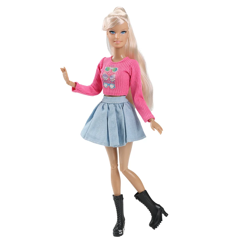 11 Inch Europe And The United States Princess Doll Toys 1/6 BJD High Ponytail Blonde Babi Doll Fashion Top + Denim Skirt Set