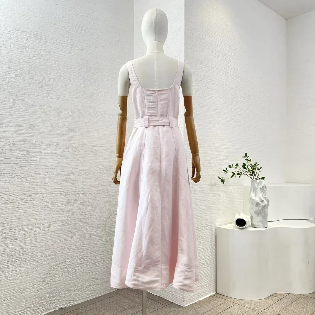 Original 2024 New Women Summer Pink Sweetheart Neck Sleeveless Golgen Buttons Decoration Midi Dress for Party Holiday Lady