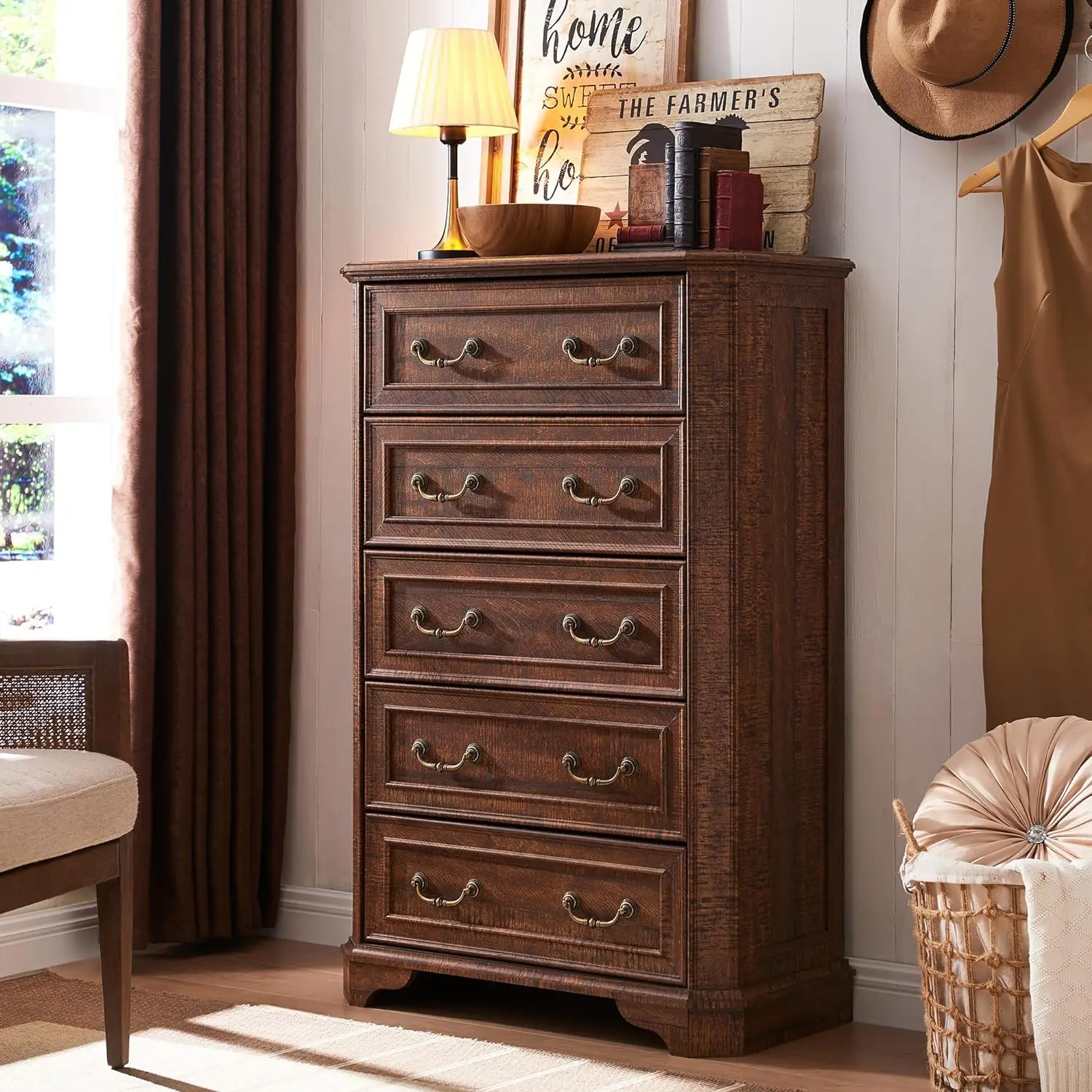 Farmhouse 5 gavetas Dresser, Storage Dressers Organizer, 48 "Tall Wood Rustic peito de gavetas com textura natural