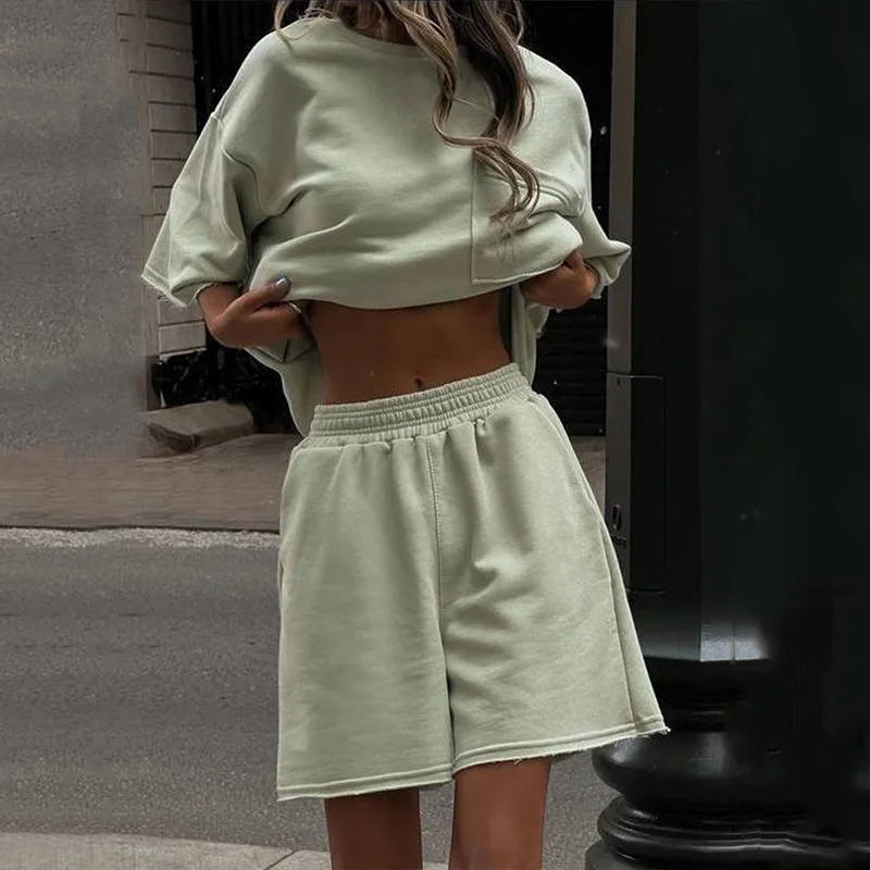 2025 Casual Women's Summer Suit Solid Color Round Neck Short-sleeved Elastic Sports Shorts Two-piece Set for Women