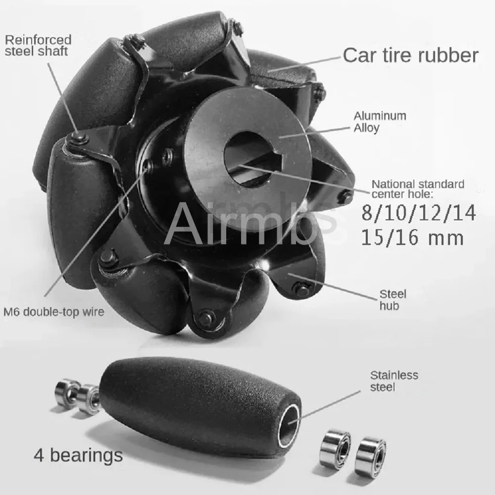 300KG 하중 4인치 100mm 스테인리스 스틸 메카넘 휠 베어링 커플링 포함 전방위 차량 로봇 섀시 타이어