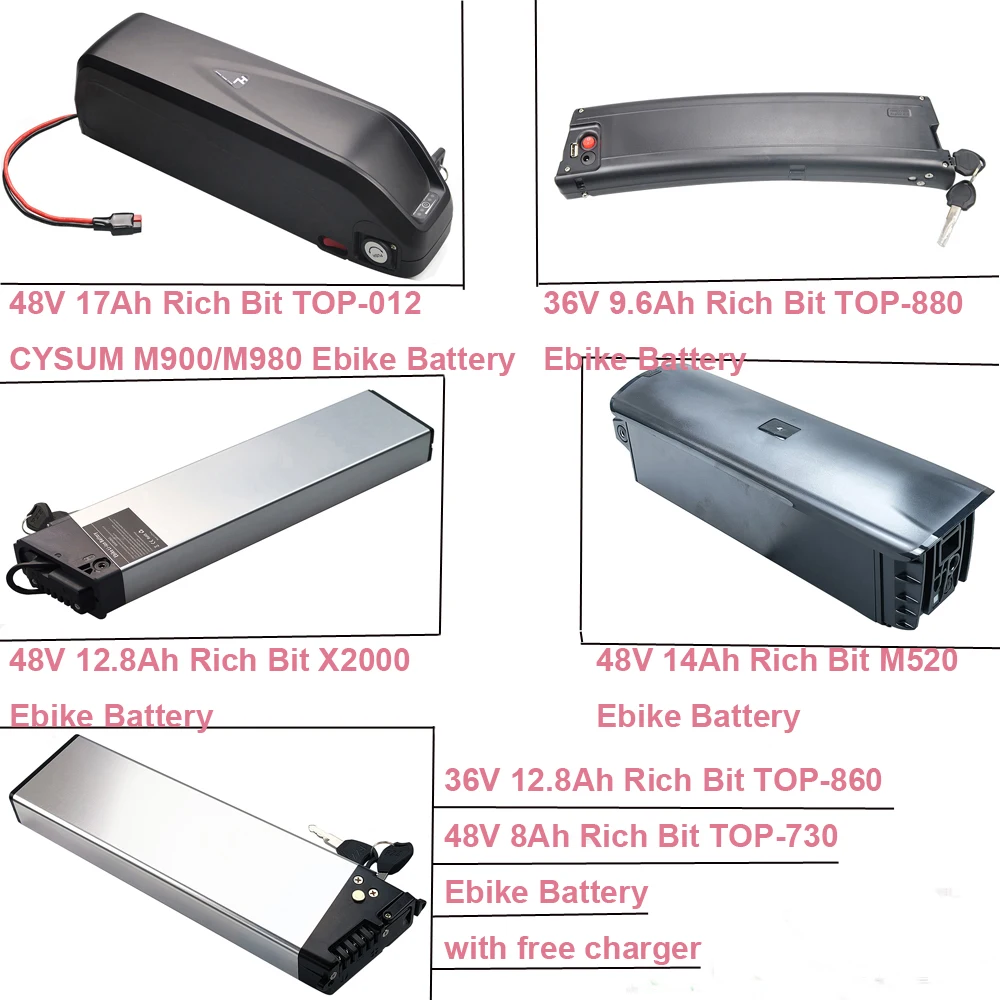 Rich Bit E-Bike Battery 48V 12.8Ah 14Ah 17Ah 36V 9.6Ah 10.2Ah 12.8Ah TOP-012 TOP-730 TOP-860 TOP-880 CYSUM M900 M980 X2000 M520