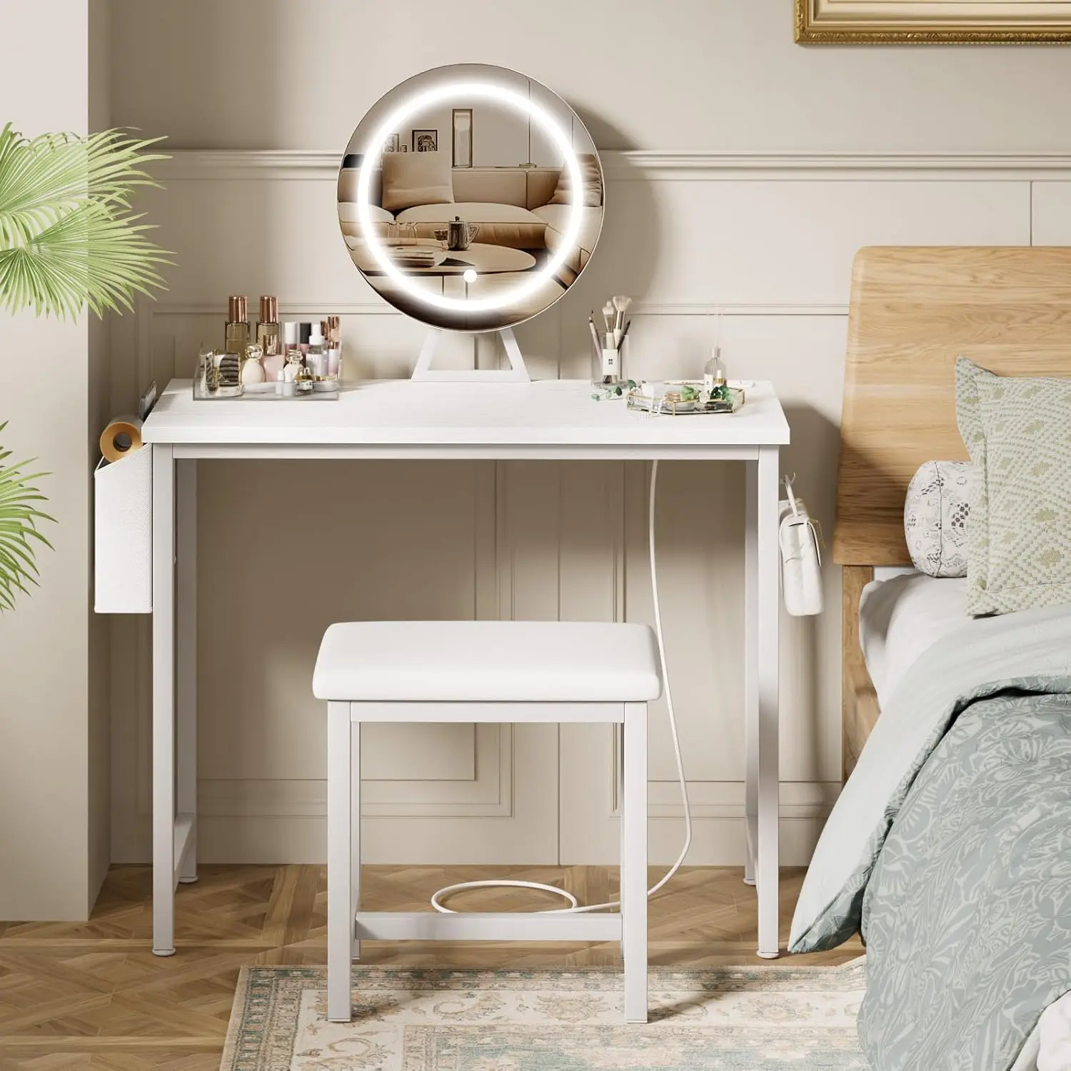 Makeup Vanity Desk with Mirror and Lights - Small White Vanity Table with Chair, Power Outlet, Modern Make Up Vanitys Desks Set,