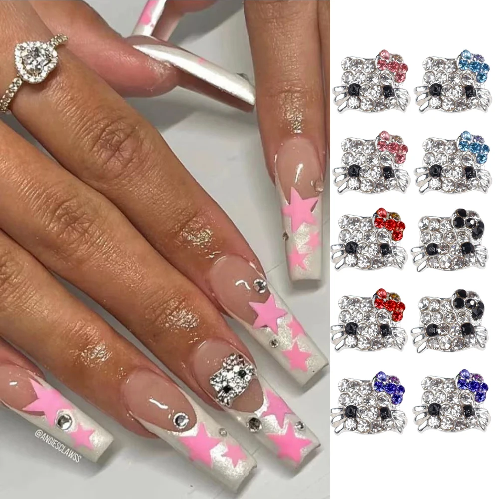 10Pcs 3D Cartoon Cat Nail Art Charms Shiny Silvery Alloy Cute Cat With Bowknot Nail Decoration Kawaii DIY Manicure Accessories