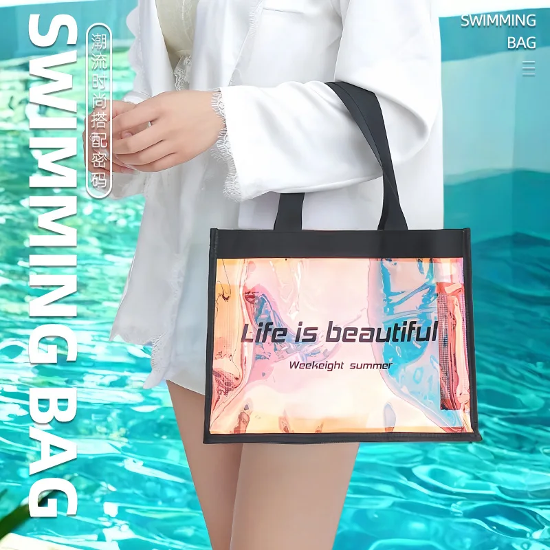 Beach Bag PVC Transparent Tote Bag Laser Colorful Wash Hemming Sewing Shopping Bag Packaging Gift Bag Drain Makeup Pouch