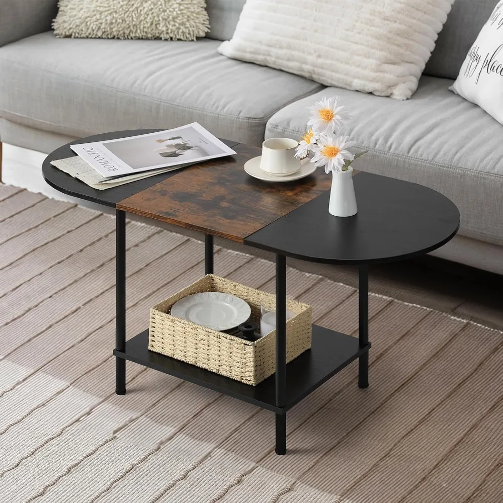

Coffee Tables for Living Room,2-Tier Small Oval Center Table Industrial Modern Style Coffee Tables with Storage Shelf and Wood T