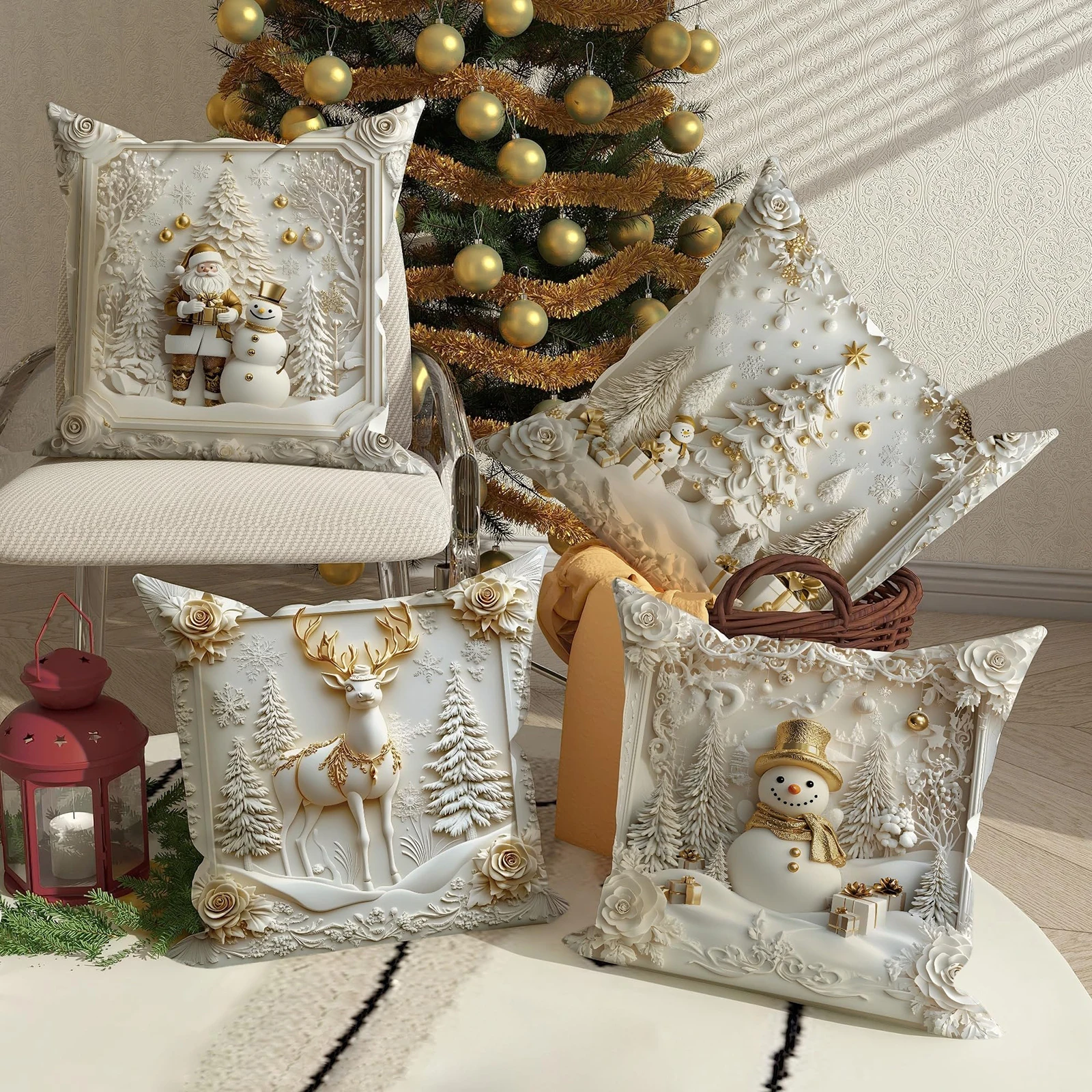 4 قطعة 2D عيد الميلاد وسادة غطاء عيد الميلاد قرية ثلجية سادات سانتا كلوز الأيائل وسادة غطاء نافيداد ناتال السنة الجديدة هدية 2026
