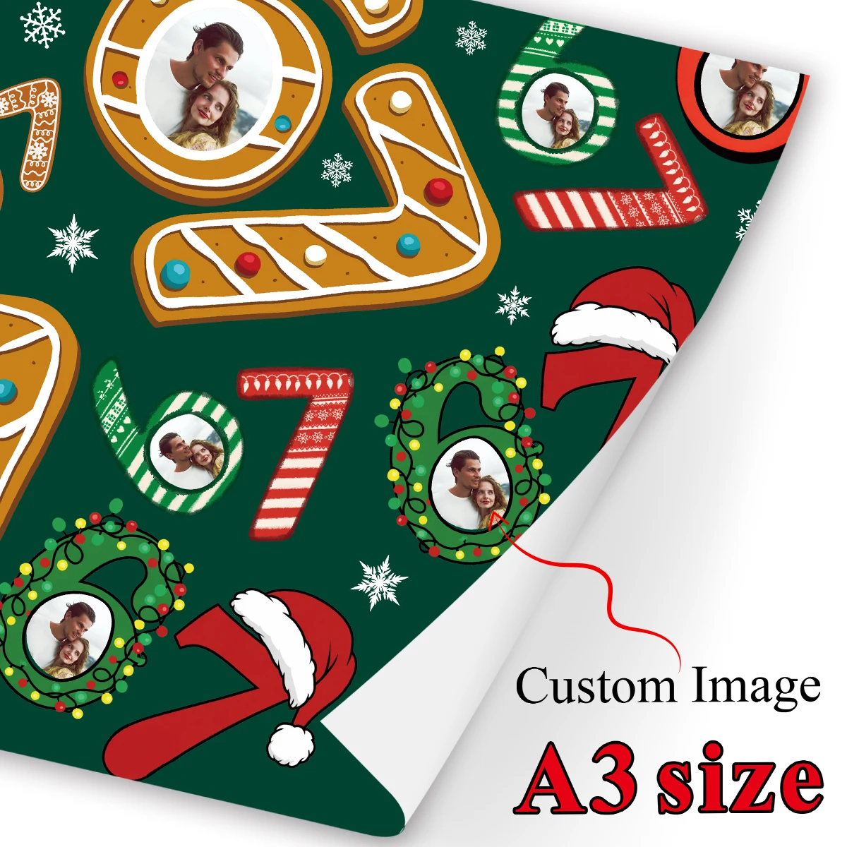 3 Blatt individuelles Foto-Weihnachts-Geschenkpapier, grüne Hintergrundnummer 6, 7 Design, für Geschenkverpackung, Hochzeit, Geburtstag, Weihnachten, Party-Dekoration