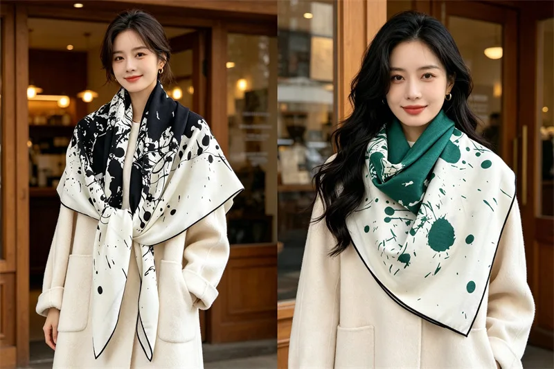Double Faced Wool Silk Scarf 135CM Women Hand rolled Shawls Warm Soft Pashmina Oversized Wrap Stole Horse Print