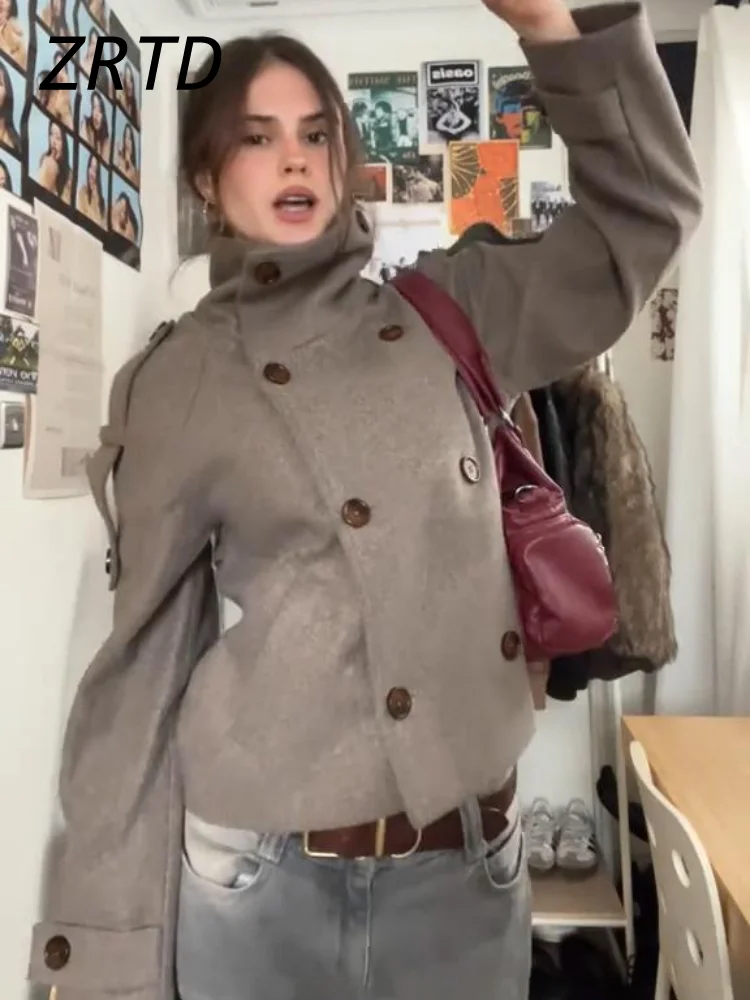 

Элегантные женские короткие шерстяные пальто с воротником-стойкой, двубортная женская куртка с длинным рукавом