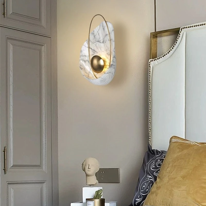 Modern Luxury Marble Wall Lamps Shell Shaped Gold Metal Accent LED Lights Living Dining Room Bedroom Hallway Home Decor Sconces