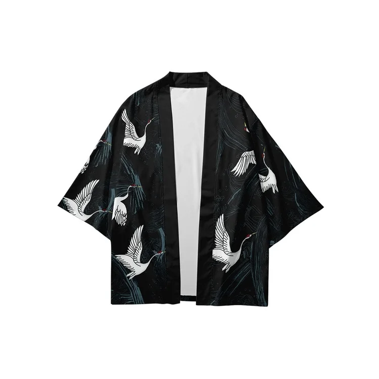 سترة فضفاضة يابانية باللون الأسود والأبيض مقاس كبير للنساء والرجال قمصان هاراجوكو كيمونو الساموراي التأثيرية ملابس يوكاتا #4