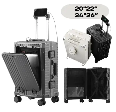 2025 하드 수하물 캐리어 강화 PC 전면 개방형 여행가방 비즈니스 여행 대형 내구성 USB TSA 기내 반입 탑승 20'22'24'26