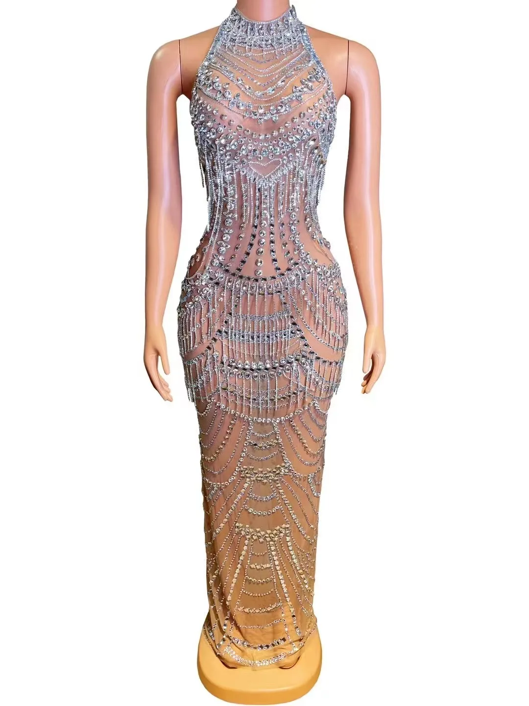 

Sexy Silver Crystals Birthday Celebrate Long Dress Club Evening Birthday Costume Transparent Mesh Rhinestones Photo Shoot Dress