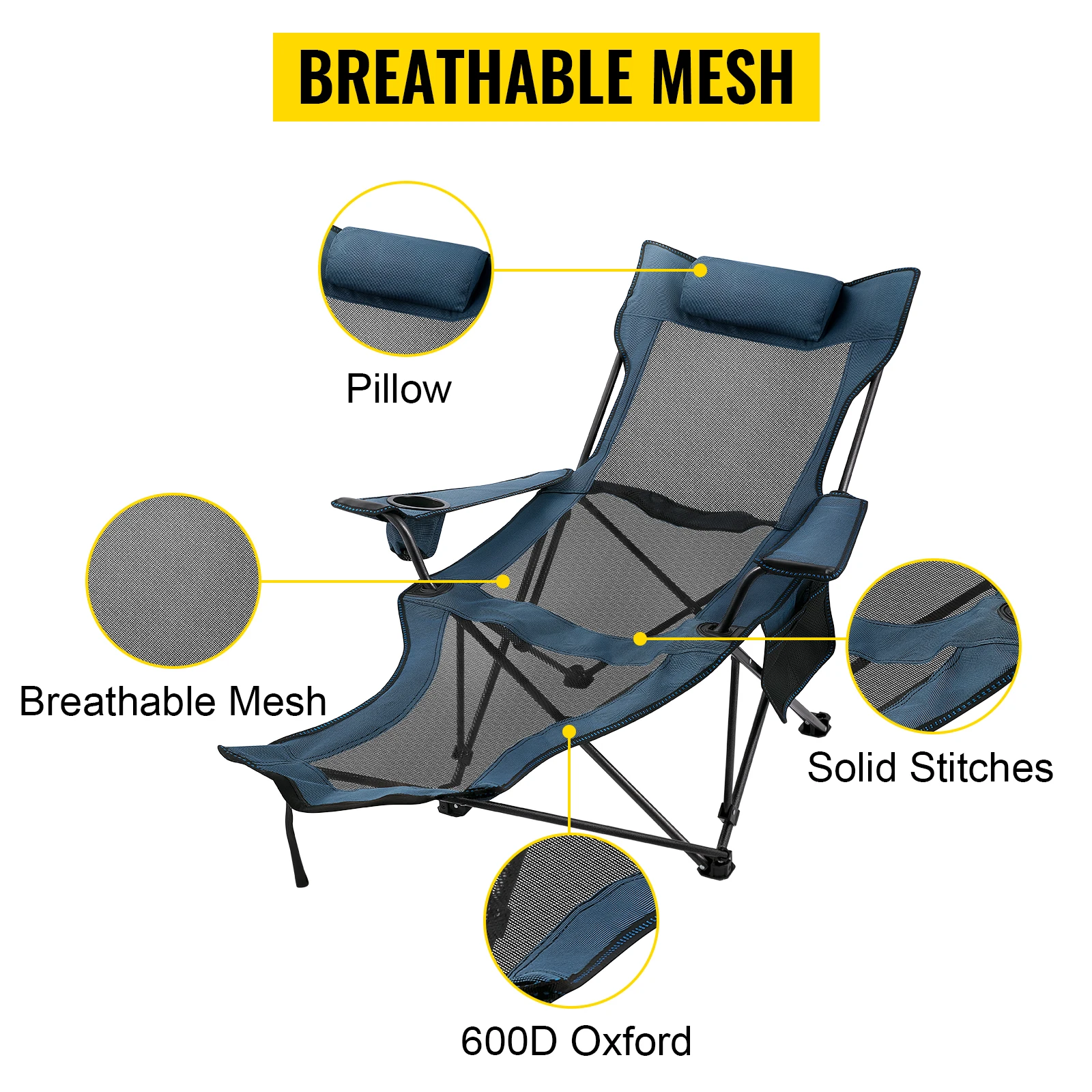 VEVOR-Cadeira dobrável de acampamento com apoio para os pés, encosto ao ar livre, cama portátil, cadeira para acampar, pesca, dobrável Beach Lounge Chair