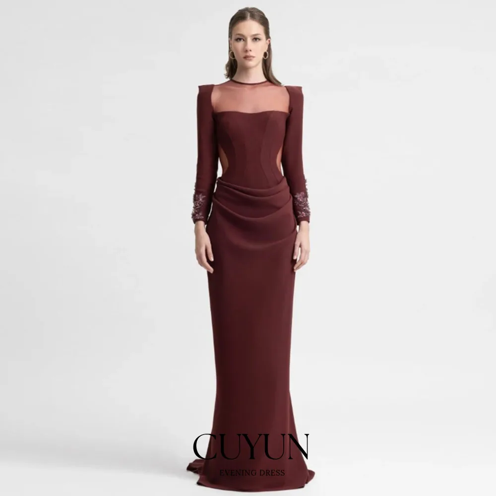 

CUYUN Customized Long Sleeves Arabic Prom Dresses O-Neck Illusion Sexy Backless Evening Gown Formal Dinner Banquet Dresses