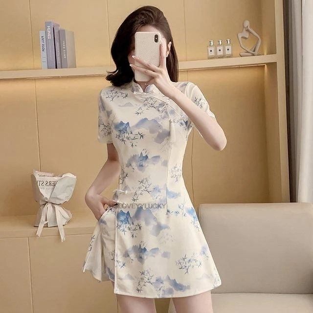 new-elegant-chinese-style-suit-dress-modernized-modified-cheongsam-with-frog-buttons-women's-shorts-two-piece-set-spa-uniform