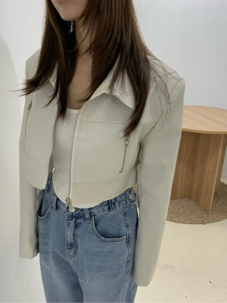 Retro Collar ort PU Leather Jaet Women's Autumn New Sle Small Size Ele High-End Feeling Top Commute Sle Regular Fit