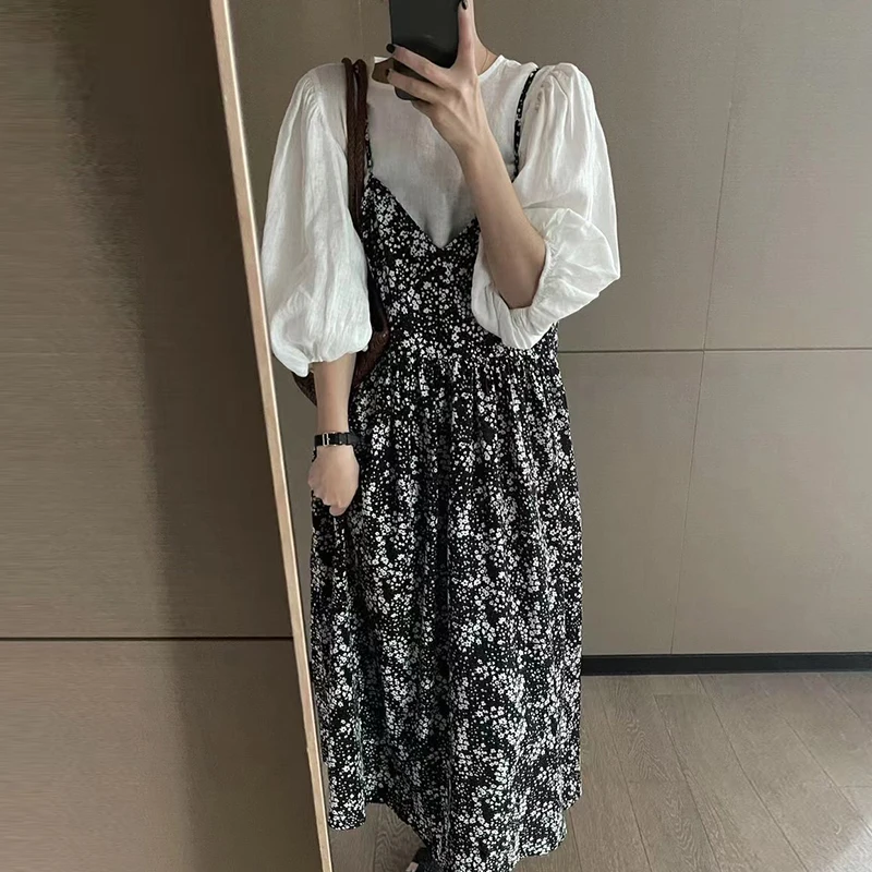 

Elegant Floral Flower Printed Slip Dress Fashion Female Patchwork Casual Robe Top Suit Women's Vestido Clothing Summer New