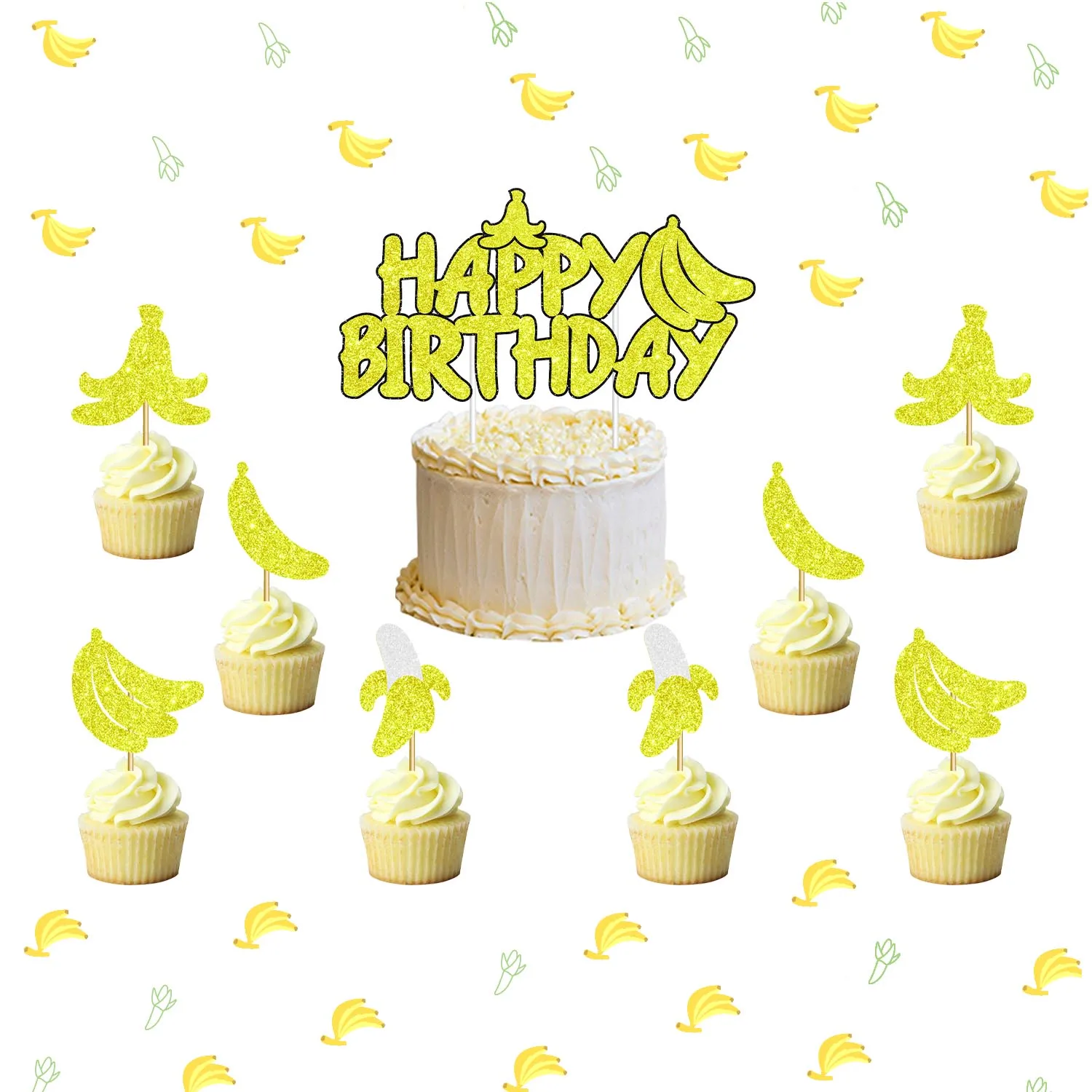 

Happy birthday cake decoration for children's birthday, party supplies, happy birthday, yellow, banana, cupcake, 8PCs