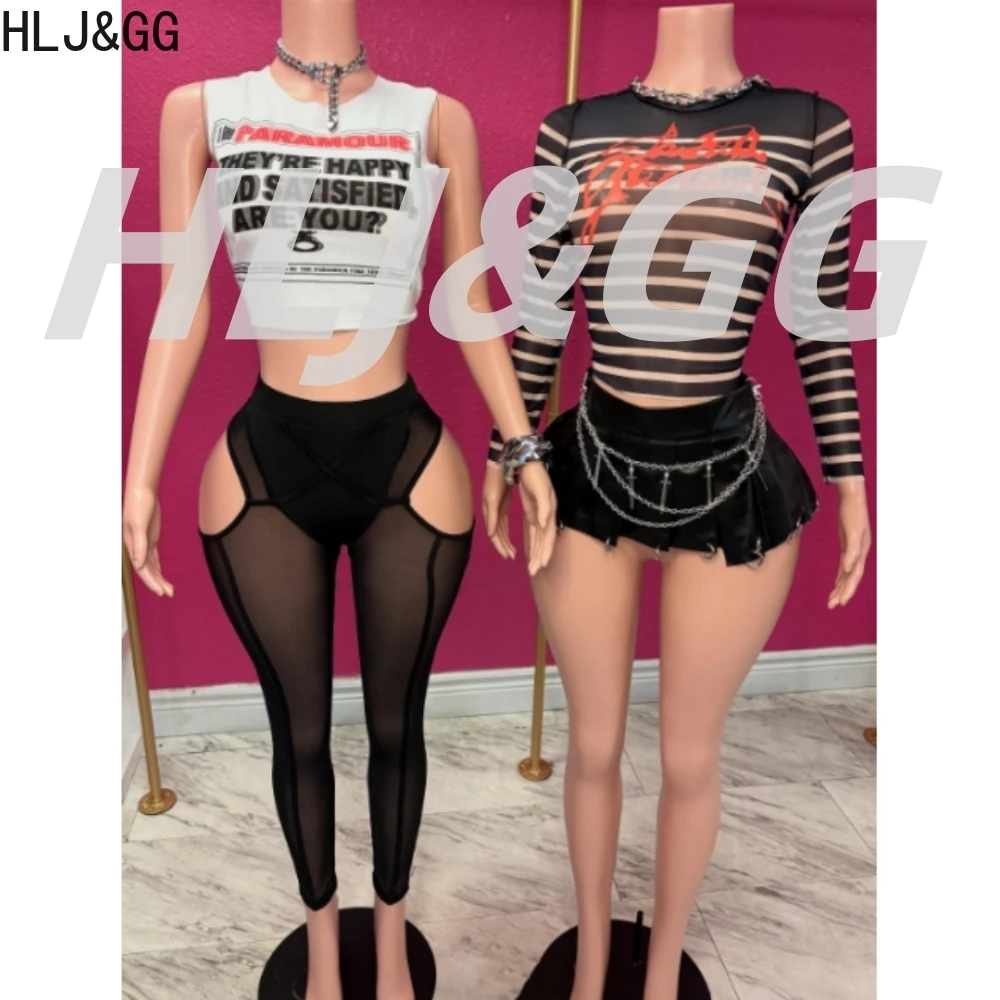 

HLJ&GG Black Fashion Y2K Stripe Mesh See Though Two Piece Sets Women O Neck Long Sleeve Crop Top And Mini Pleated Skirts Outfits