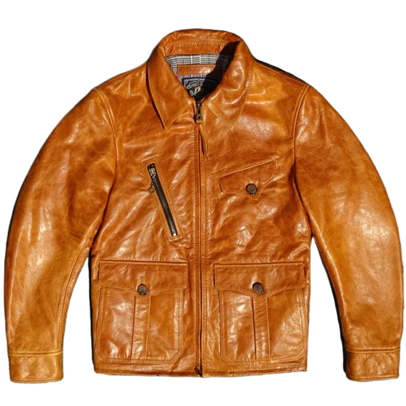 Men's Vintage American Distressed Genuine Leather Lapel Jacket - Classic Newsboy Style, Top-Grade Imported Waxed Horsehide coat