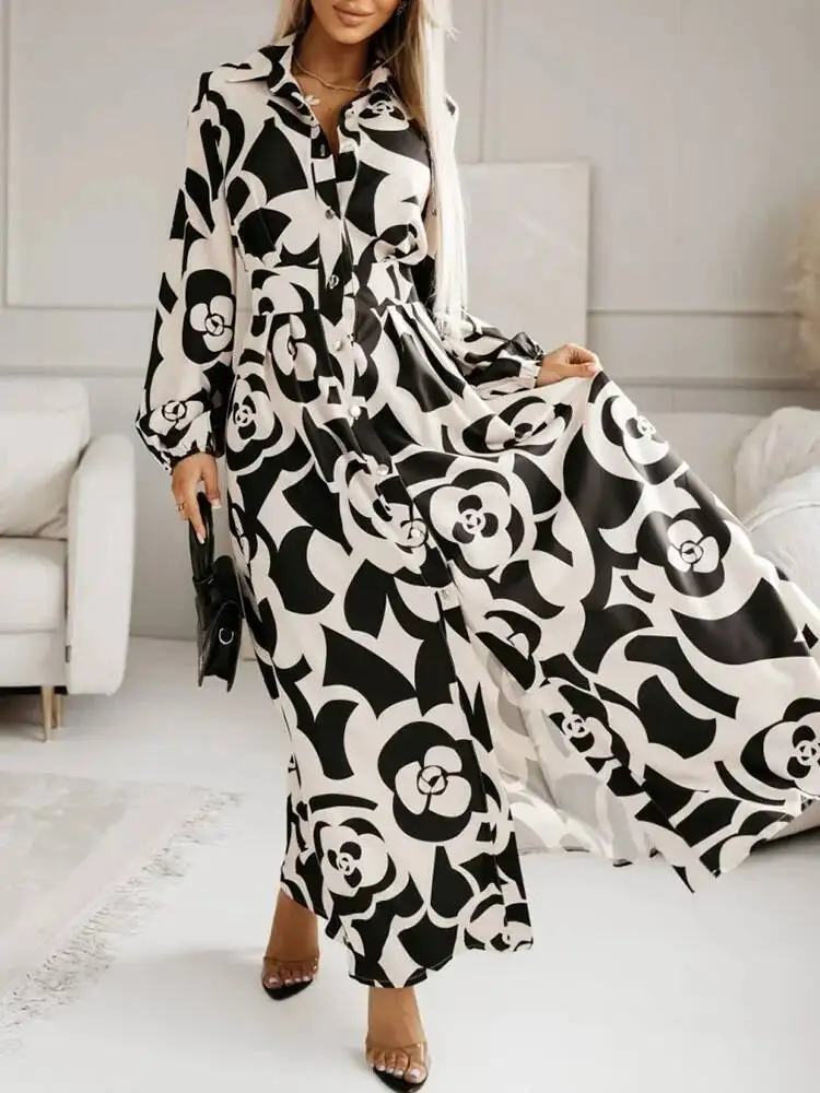 女性用カジュアル花柄プリントスプリットパーティーオータム新作長袖ルーズボヘミアンスプリングシングルブレストラペルシャツワンピース