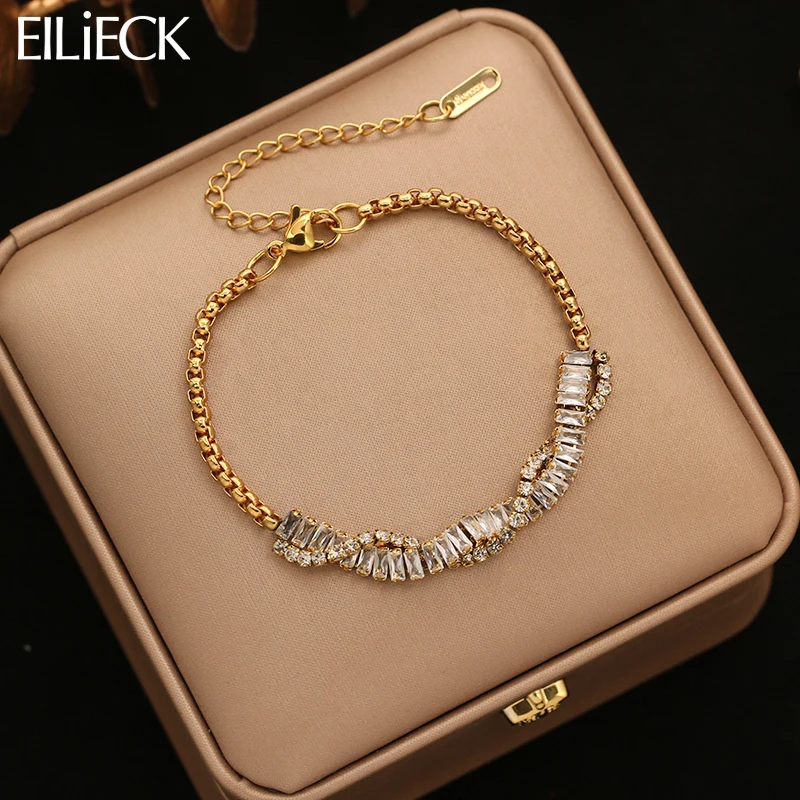 EILIECK Stainless Steel Fashion Sparkling Zirconia Chain Bangle Bracelet For Women Trendy Waterproof Hand Chain Jewelry Gift