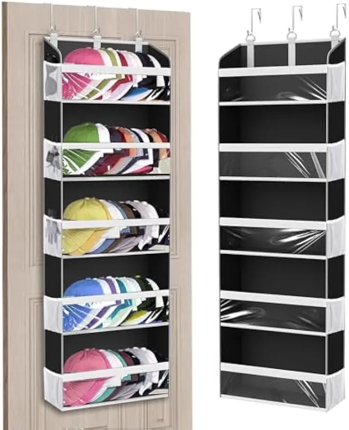 

Over the Door Hat Organizer for Baseball Caps, Holds 60 Hats with Clear Pockets and Mesh Storage in Grey