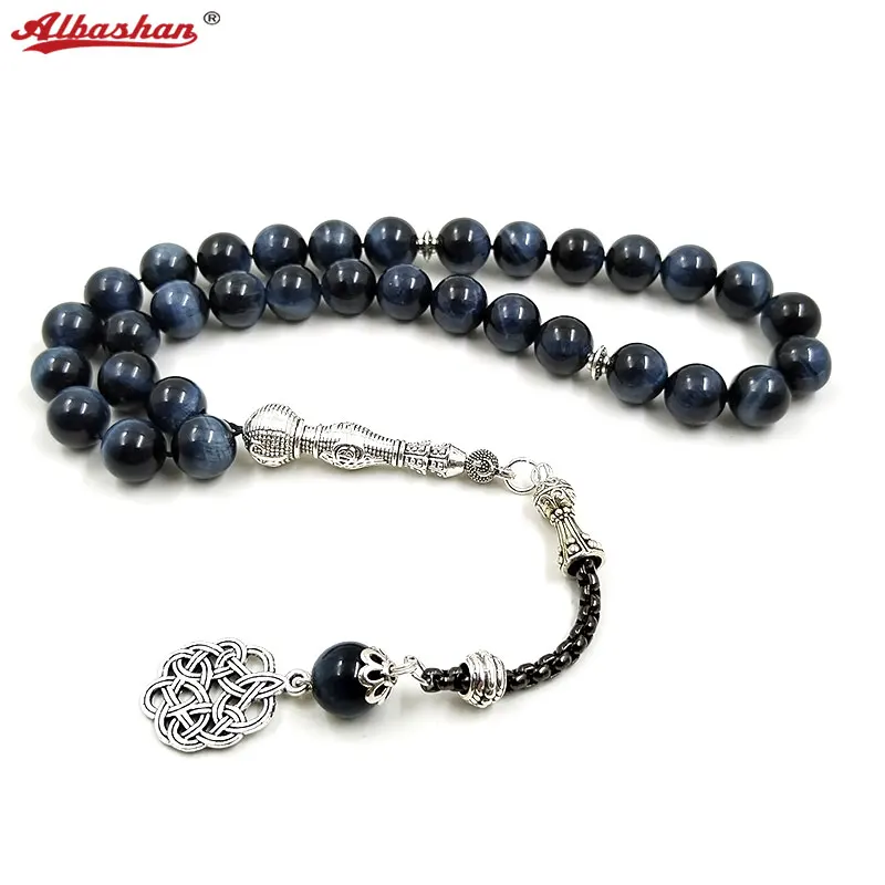 

Prayer Beads Natural Lake Blue Tiger Eye Tasbih Metallic Silver Tassel Muslim Misbaha Accessories Bracelet Turkish Jewelry