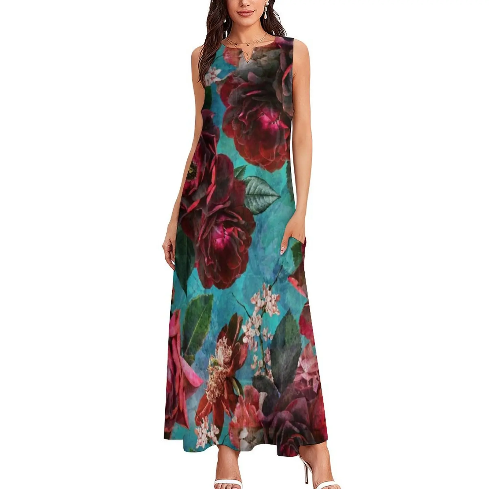 Turquoise Vintage Summer Roses Botanical Garden Long Dress women dress dresses korean style Dress