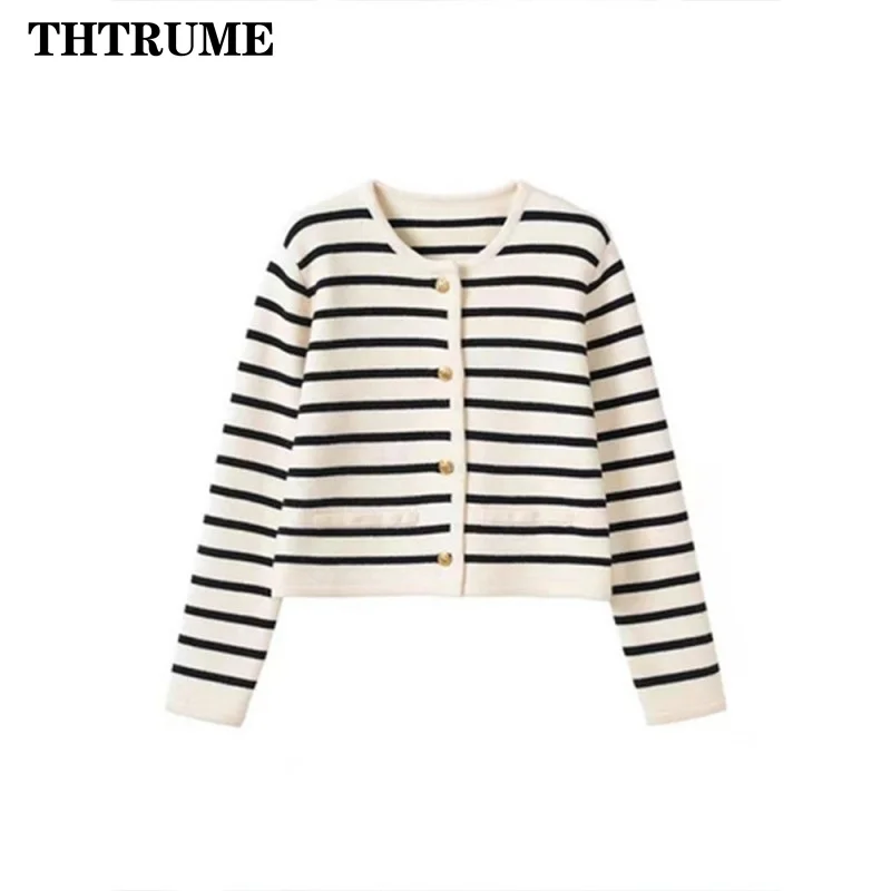 Women Fashion Warm Sweater Autumn Winter Knitted Striped O-Neck Single Breasted Jumper Casual Office Lady Long Sleeve Cardigan