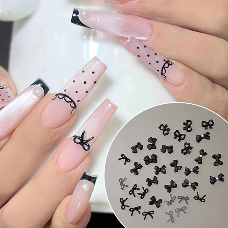 

50PCS Black Bows Nail Charms Resin Mini Pearl Bow Nail Art Decorations Handmade DIY Press On Nails