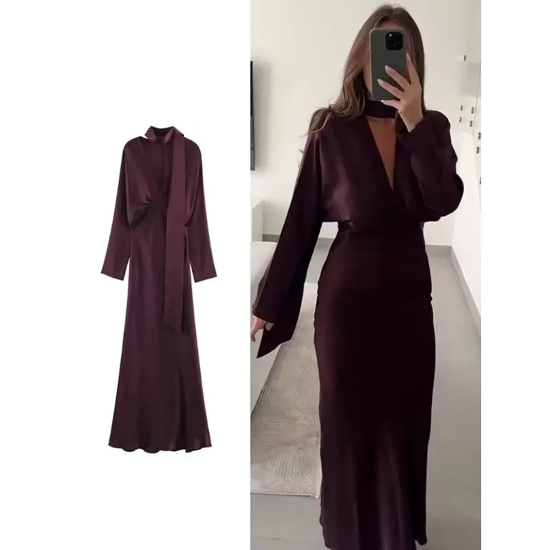 2026 Neues Elegantes Maxikleid mit Schal für Damen, Frühling, V-Ausschnitt, Langarm, Club- und Partykleid, Schickes Figurbetontes Kleid