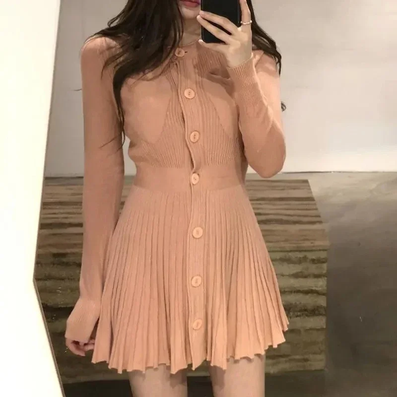 Thin Long Sleeve Knitted Dress Women Summer Korean Single Breasted Sexy Pleated Mini Dress Fashion Streetwear Slim A Line Dress