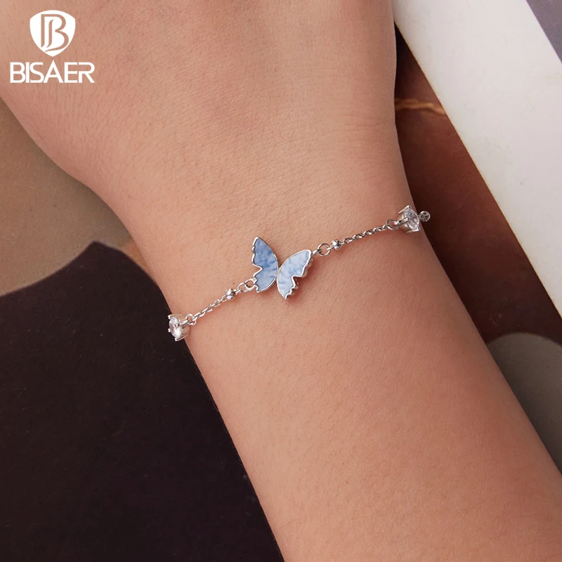 

BISAER 925 Sterling Silver Bule Butterfly Charm Bracelet Sparkling Zircon Adjustable Chain Bangle for Women Party Fine Jewelry