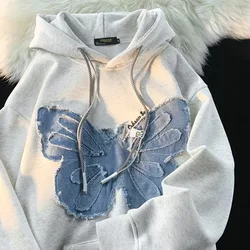 Streetwear Hooded Sweatshirt Women Vintage Long Sleeve Loose Butterfly Patchwork Hoodie Y2k Autumn Winter Korean Fashion Coats