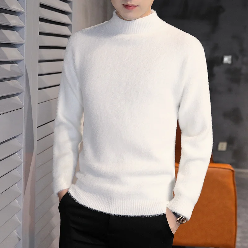 New Men's Casual Sweater Fluffy Mock Neck Slim Fit Jumper Young Basic Knit Tops Soft Stretch Knitted Pullovers White Black Red