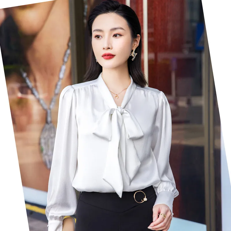 Green Shirt Women Bow Design 2022 New Fashion Temperament Loose Formal Satin Blouses Office Ladies Work Clothes Tops White