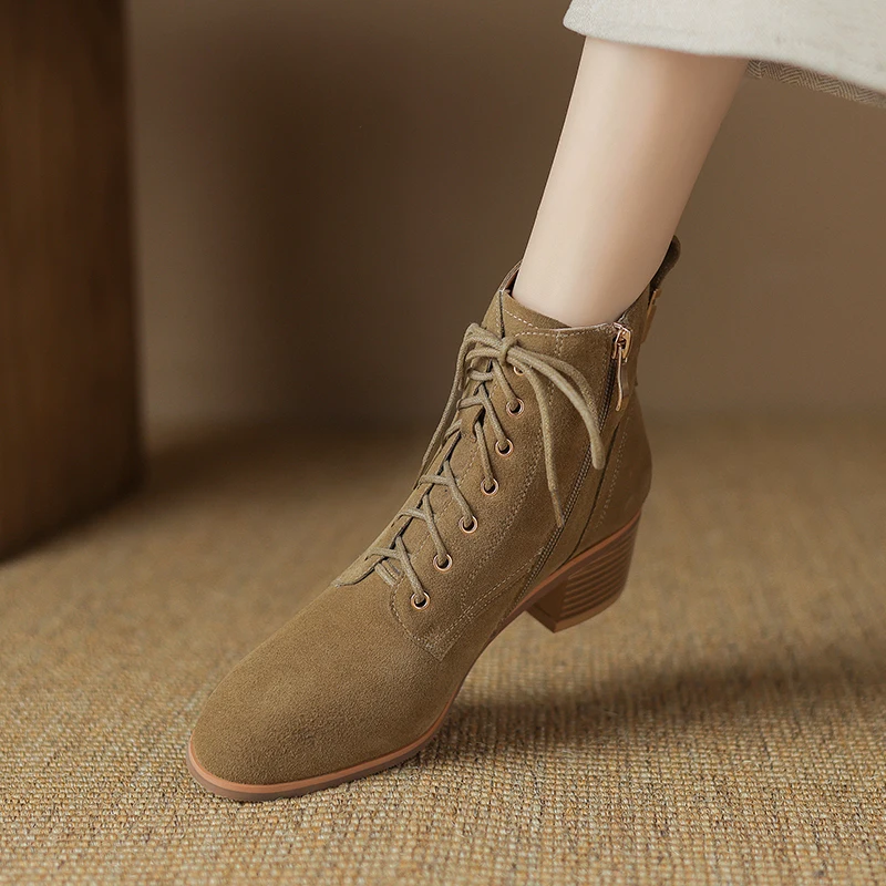 2024 New Women Cow Suede Lace-up Ankle Boots Thick High Heels Motorcycle Boots Retro Round Toe Warm Autumn Winter Shoes Woman